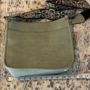 Amazon Sage Green Leather Crossbody with Patterned Adjustable Strap
